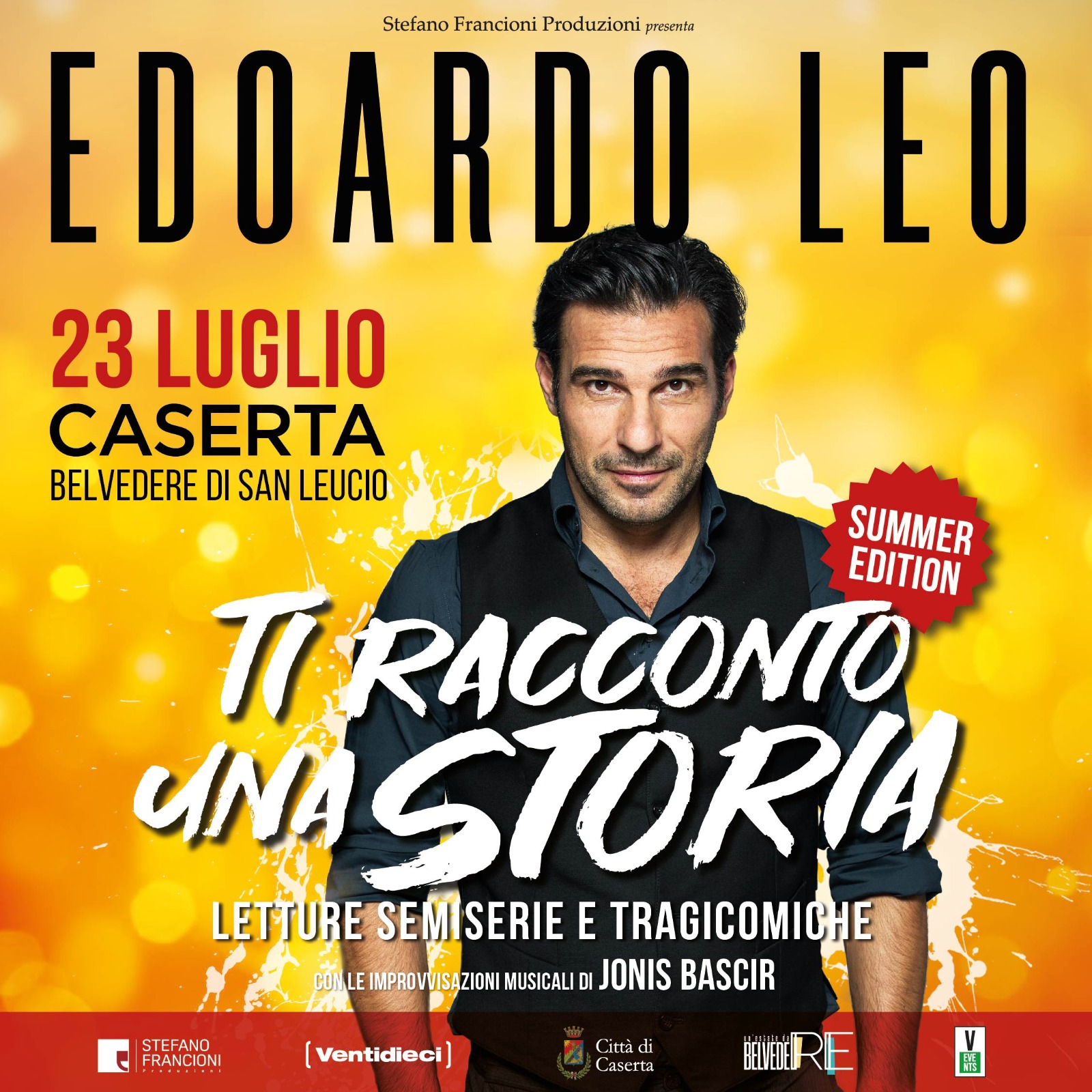 Edoardo Leo in scena alla decima edizione di Un’Estate da Belvedere, il 23 luglio presenta “Ti racconto una storia” con le musiche di Jonis Bascir al Belvedere di San Leucio (Caserta)